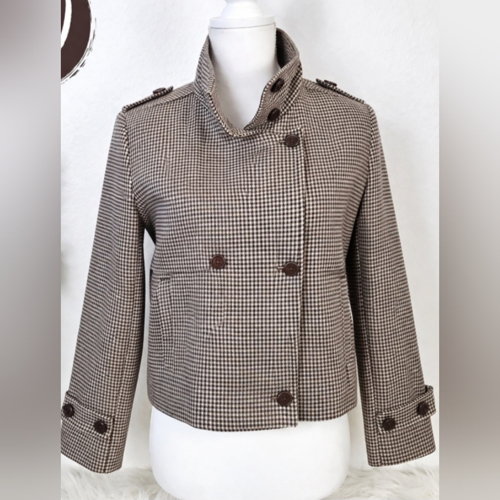 Commense Brown Houndstooth Cropped Double-Breasted Blazer